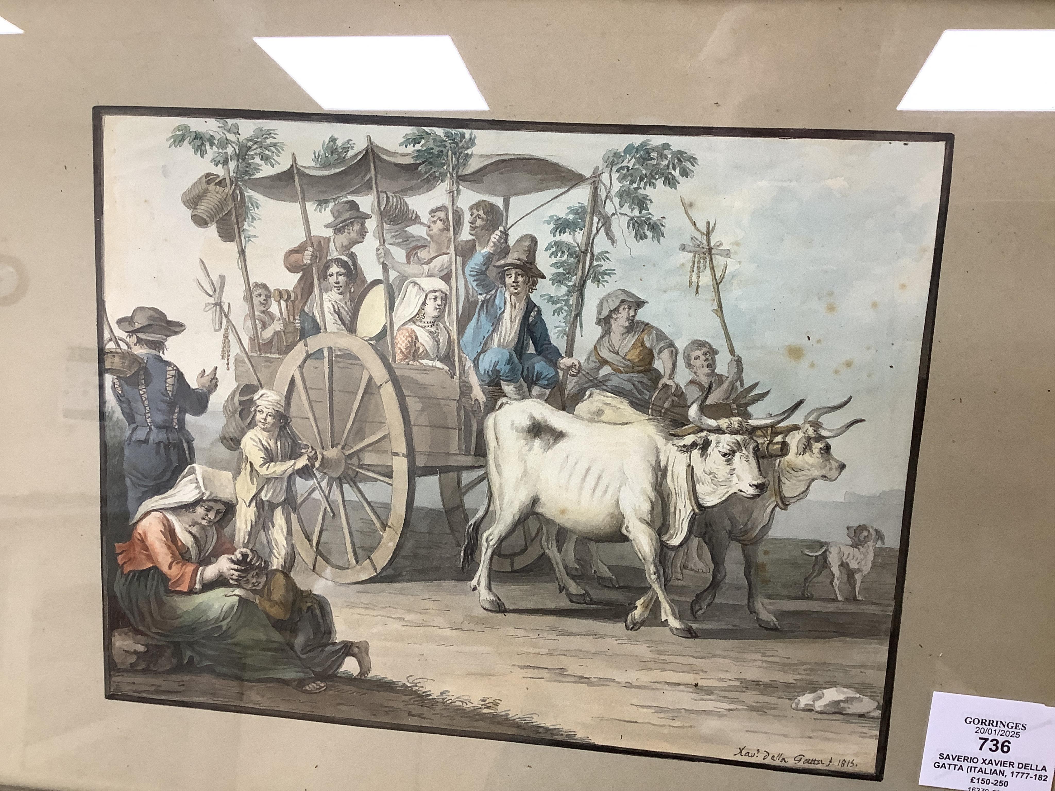 Saverio Xavier Della Gatta (Italian, 1777-1829), watercolour, A scene of revelry, with figures in a cart pulled by oxen, signed, dated 1815, 19.5 x 25cm. Condition - fair, foxing to right hand side of image